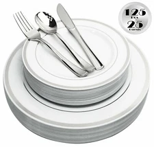 125 Piece Silver Plates & Cutlery Set, Reusable & Recyclable, Elegant Party Set