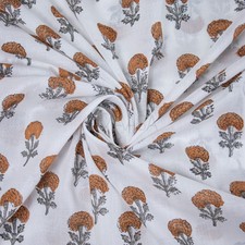 Grey Brown Block Print Fabric Indian Cotton Sewing Running Floral By The Yard