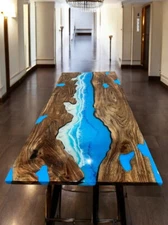 Blue Epoxy Resin Center Sofa Dining Table Top Wooden Live Edge Cafeteria Decors
