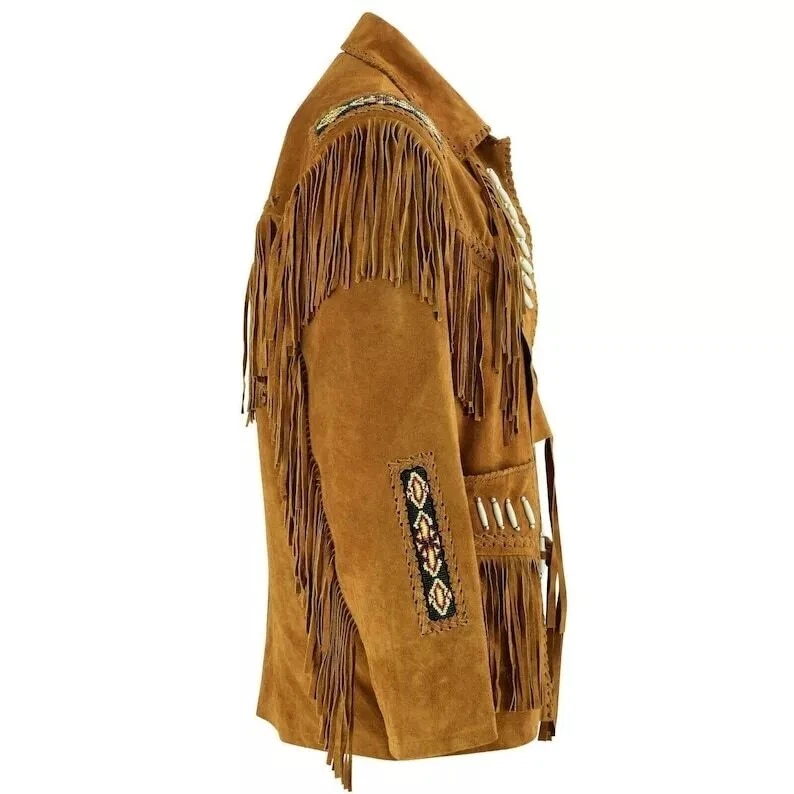 Hombres Nativo Americano Occidental Vaquero Gamuza Cuero Chaqueta Flecos Huesos Abrigo con Cuentas Foto 3 de 4