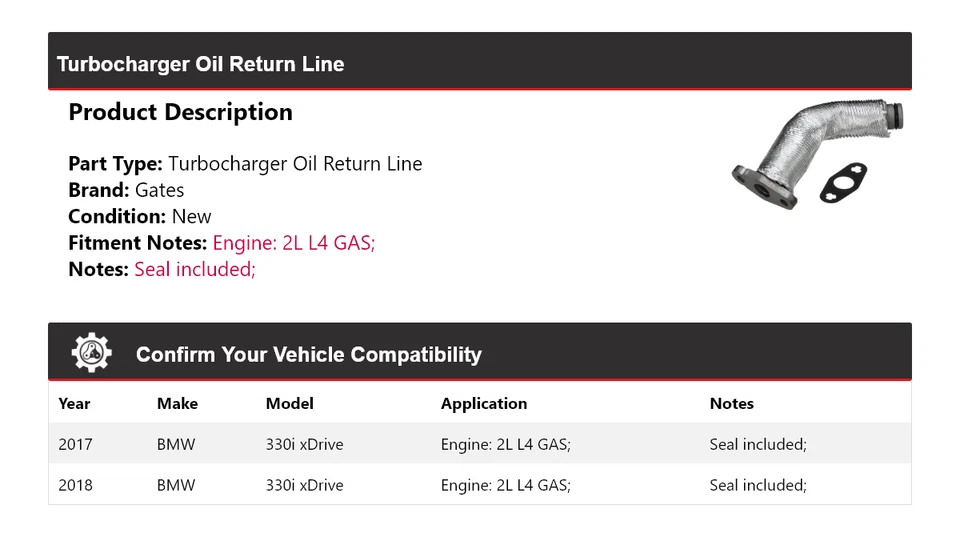 适用于 2017 - 2018 宝马 330i xDrive 2L L4 气体涡轮增压器油回流线门 — 第 2/3 张图片