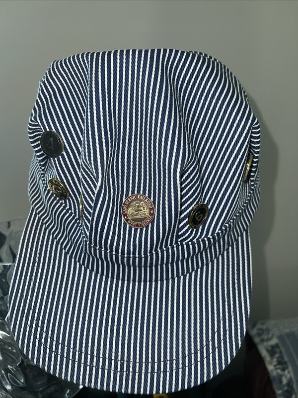 Hickory Stripe Conductor Engineer Hat Cap Adult Size w/6 Railroad Lapel Pins