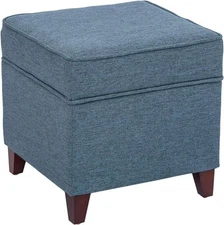 Blue storage bench with hinged lid and solid wood legs, linen-covered footstool