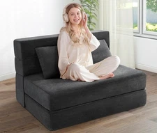 Convertible Folding Sofa Bed with Fluffy Pillow, Linen Futon Foldable Mattress