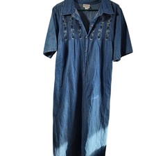 Essentials by Maggie Denim Button Front Midi Floral Embroidery Tie Waist 18W