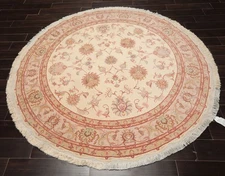 6'6''x6'6'' Round Hand Knotted Wool & Silk Ivory Tabrizz 400 KPSI Area Rug
