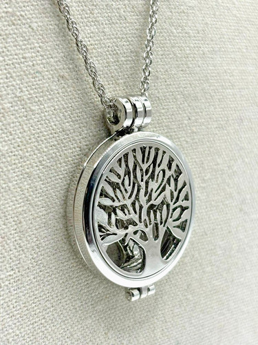 Tree Of Life Aromatherapy Diffuser Locket Pendant Silver Tone Chain Necklace