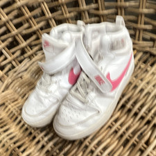 Nike Court Borough Mid Unisex Kids 2 White/Pink Mid Top Hook Loop Leather