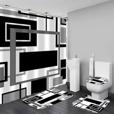 4 Pcs Black Geometric Shower Curtain Sets with Rugs Black Bathroom Sets with Sho