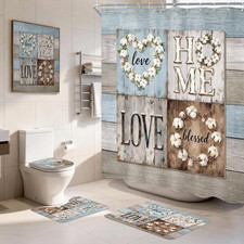 Teal Wood Farmhouse Rustic Bathroom Set with Shower Curtain and Rugs