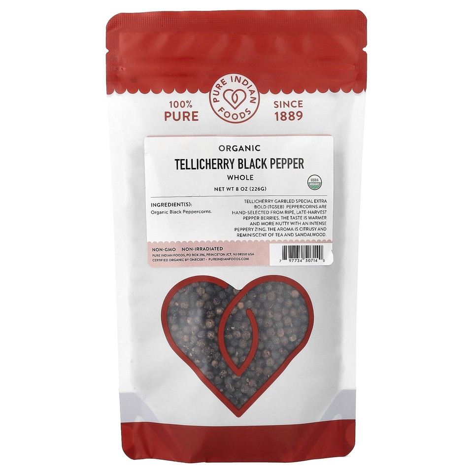 Organic Tellicherry Black Pepper, Whole, 8 oz (226 g)