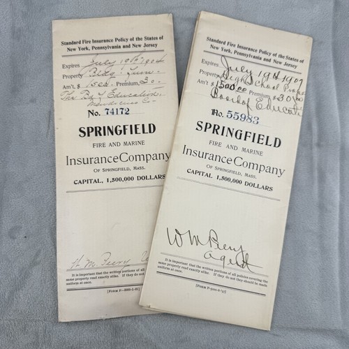 Vintage Springfield Fire And Marine Insurance Company Document Lot of 2