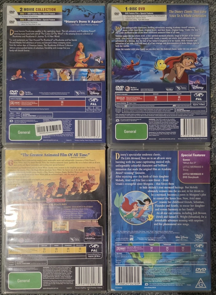 Pocahontas 1+2, The Little Mermaid 1+2, Snow White Bulk Lot Children's Movies - image 2 of 2