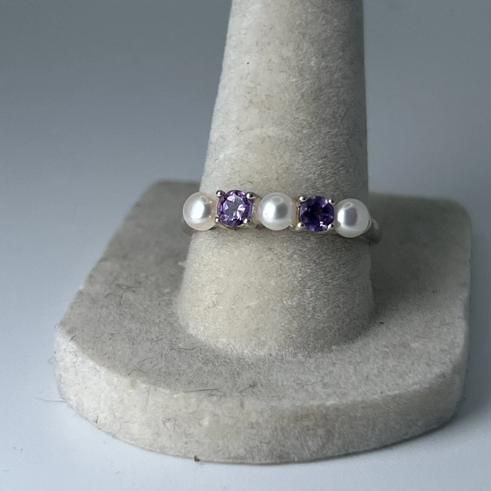 Anillo Avon 2004 plata esterlina amatista y perlas de agua dulce talla 8,25 Foto 2 de 4