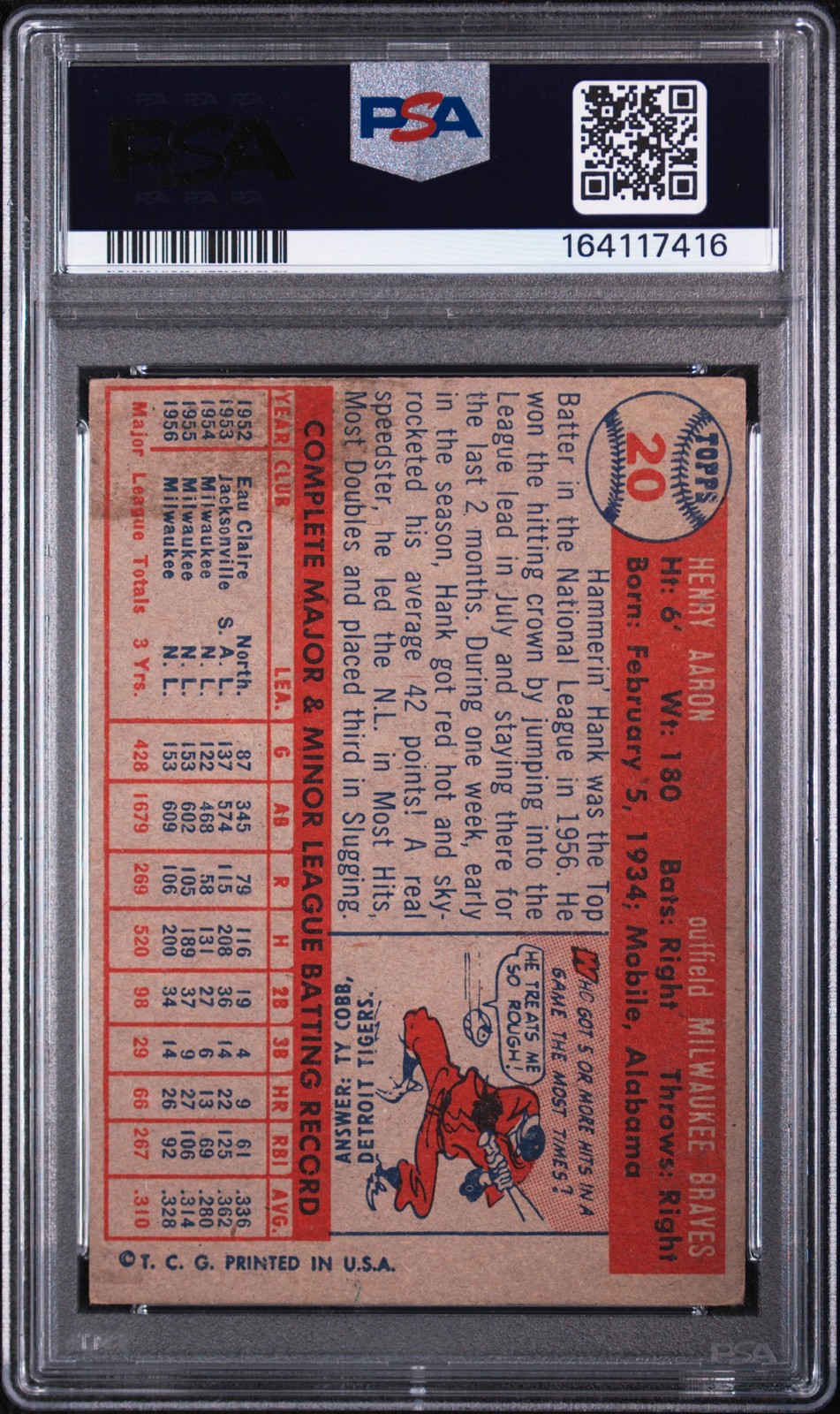 1957 TOPPS #20 HANK AARON PSA 4 view 2