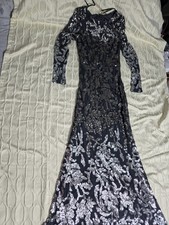 XScape Womens Coal Silver Sequin Embellished Evening Dress Long Sleeve 8 OS15-6