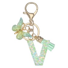 Alphabet Initial Letter Keychain Cute Charm with Tassel Butterfly Letter V Green