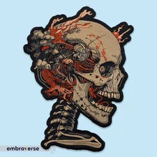 Anatomical Cyberpunk Skull Embroidered Patch, Biomech Jacket Art, Iron-On