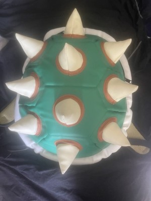 3D Bowser Shell Kids Backpack Green/White Spiked Zip Polyester Super Mario