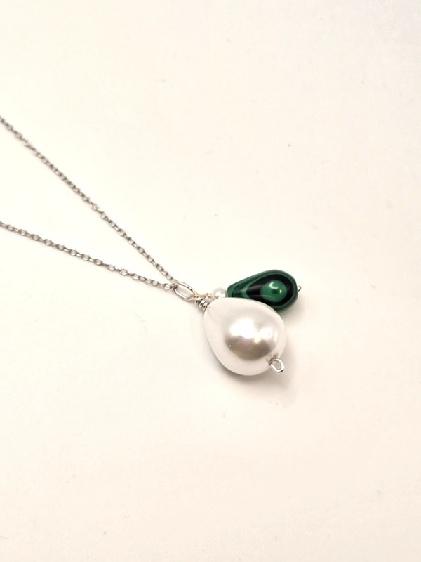 Sterling Silver Shell Southsea Pearl and Malachite Dangle Pendant Chain 18"