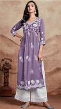 Women Ethnic Chikankari Embroidered Pleated Sequence High Slit Silk Kurta.