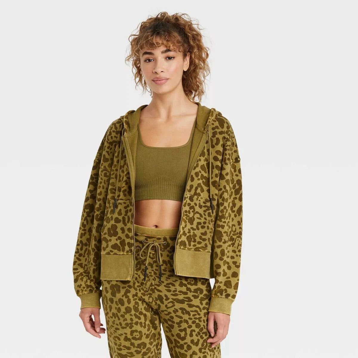 Womens Green Cheetah Leopard Print Hoodie Sweatshirt Joy Lab Full Zip Size S