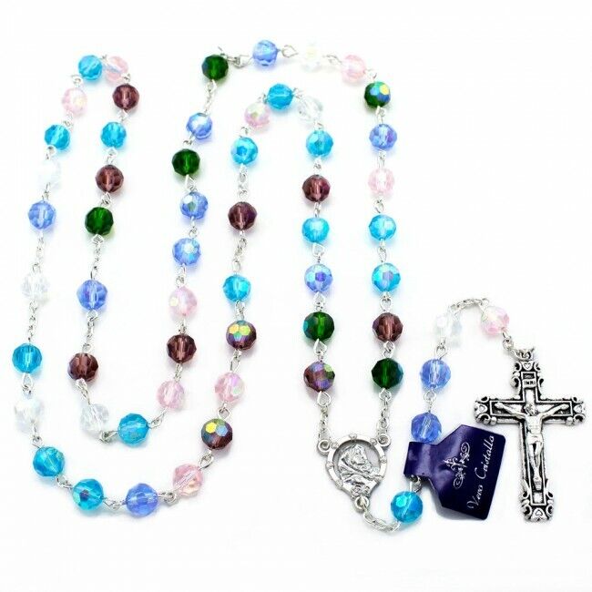 NEW MADE IN ITALY MULTI-COLOR CRYSTAL ROSARY MADONNA OF THE STREETS - GIFT BOX