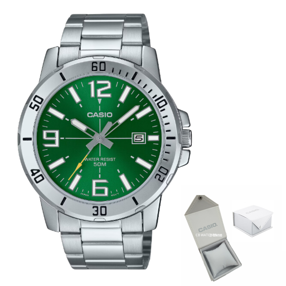 Casio Collection MTP-VD03D-3A1 - Orologio Uomo Quarzo, Cinturino Acciaio, Quadrante Verde, Cassa 41 Mm