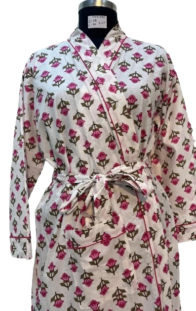 kimono robe Indian women's long jaipuri prints pink and white colour free size - Image 2 of 4
