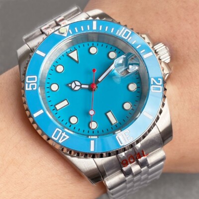 Diver Swim Mechanical Watch Nologo Ice Blue Magnifier Dial 316L Steel Bracelet