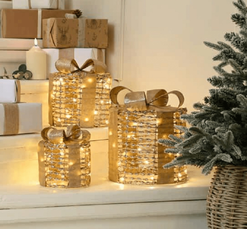 Festive Lit Star Shimmer Parcels 3pc Gold