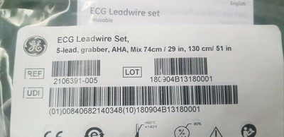 GE Multi-Link ECG Leadwire, Replaceable Set 5-Lead Grabber, AHA 2106391-005 NOS