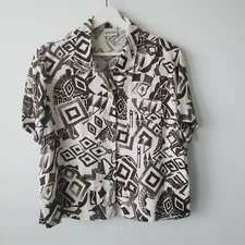 Chico's women's White & Brown Button Up Short Sleeve 100% Linen Top size M boxy