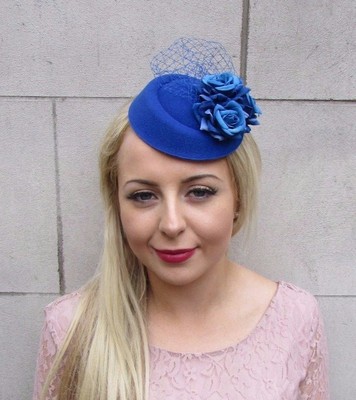 Royal Blue Rose Flower Pillbox Hat 