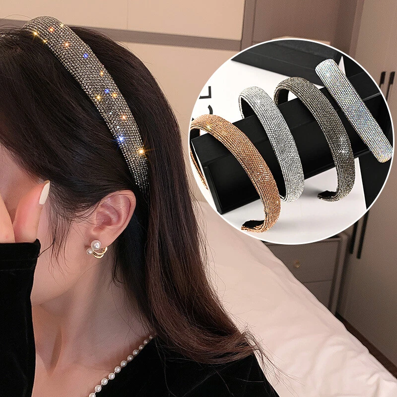 Shiny Full Rhinestone Headbands Sparkly Wide Hairbands Solid Color