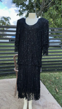 VTG JUDITH ANN CREATIONS BLACK SILK HEAVELY BEADED ASYMMETRIC HEM DRESS Sz XL