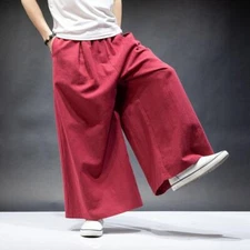 Mens Leisure Japanese Wide Leg Pants Extra Baggy Meditation Trousers Solid Color