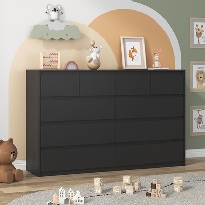 Black Malm Dresser for Bedroom, 55'' Wide 37'' Tall Dresser with 10 Drawers, Moder