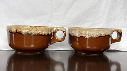 Vintage Monmouth Western Pottery Soup Bowl w/Handle Maple Leaf WS Brown Drip Glz