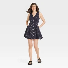 Women's Button-Front Godet Mini A-Line Dress - Universal Thread Navy Blue Floral