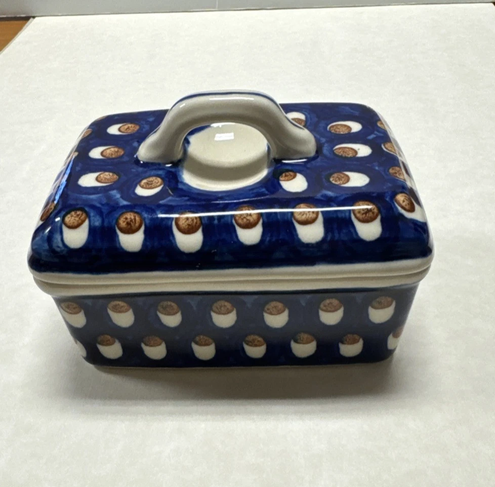 Polish Pottery Boleslawiec Butter Dish Covered Blue White Handmade Poland