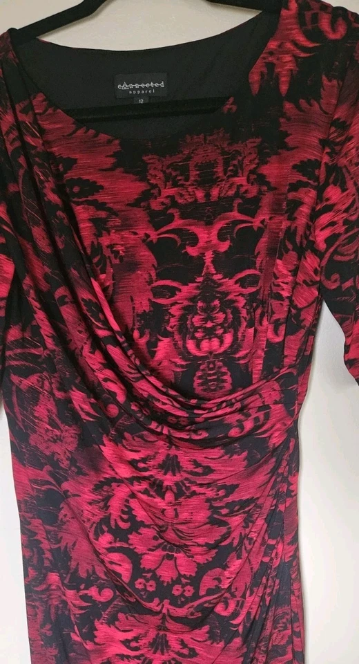 Connected Apparel 12 Negro Rojo Damasco Acanalado Cortina Elástica Vaina Vestido Carrera Foto 3 de 4