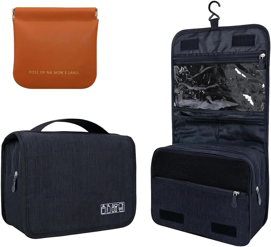 Large Travel Toiletry Bag with Hanging Hook - Black & Brown - Spacious Capacity