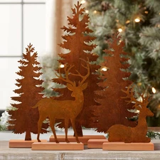 5Pcs Metal Rusty Christmas Trees and Elk Decor, Vintage Evergreen Trees Table Ce