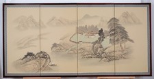 Japanese Byobu Small Mountain Village Near Lake 4-Panel Folding Screen Excellent