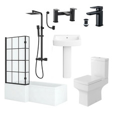 Bathroom Suite L-Shape Tub LH/RH Black Taps Toilet  Shower Screen Pedestal Basin