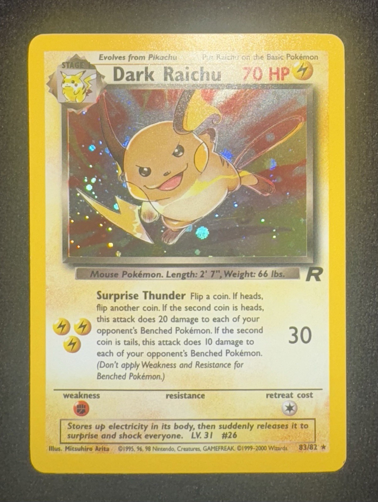 Pokemon Dark Raichu 83/82 Base Set Holo Rare Team Rocket NM + Topps Raichu Holo