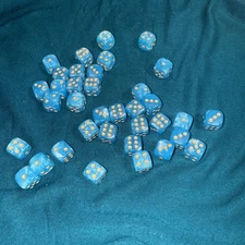 Dice D6 Set Of 36 Swirled Dice 12mm Pearlescent Lt Blue W/Gold Pips 40K D&D 