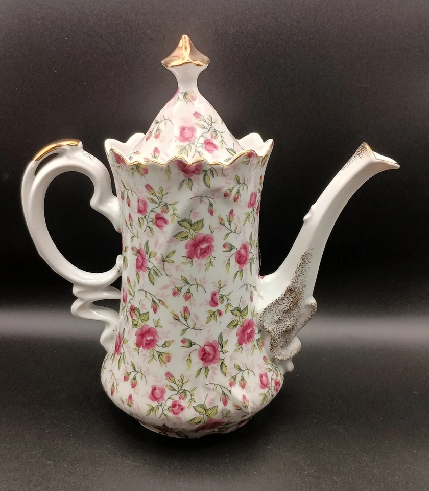 Cafeteira/bule vintage Lefton Rose Chintz com tampa, floral pintado à mão... - Imagem 2 de 4