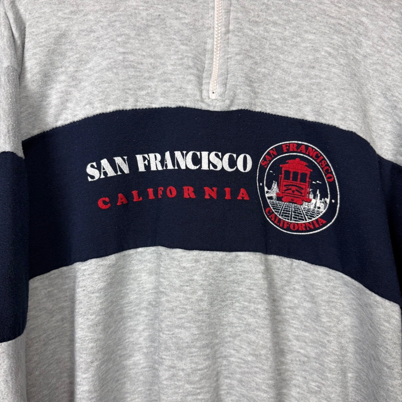 San Francisco California Quarter Zip Sweatshirt Heather Gray Navy Blue Large